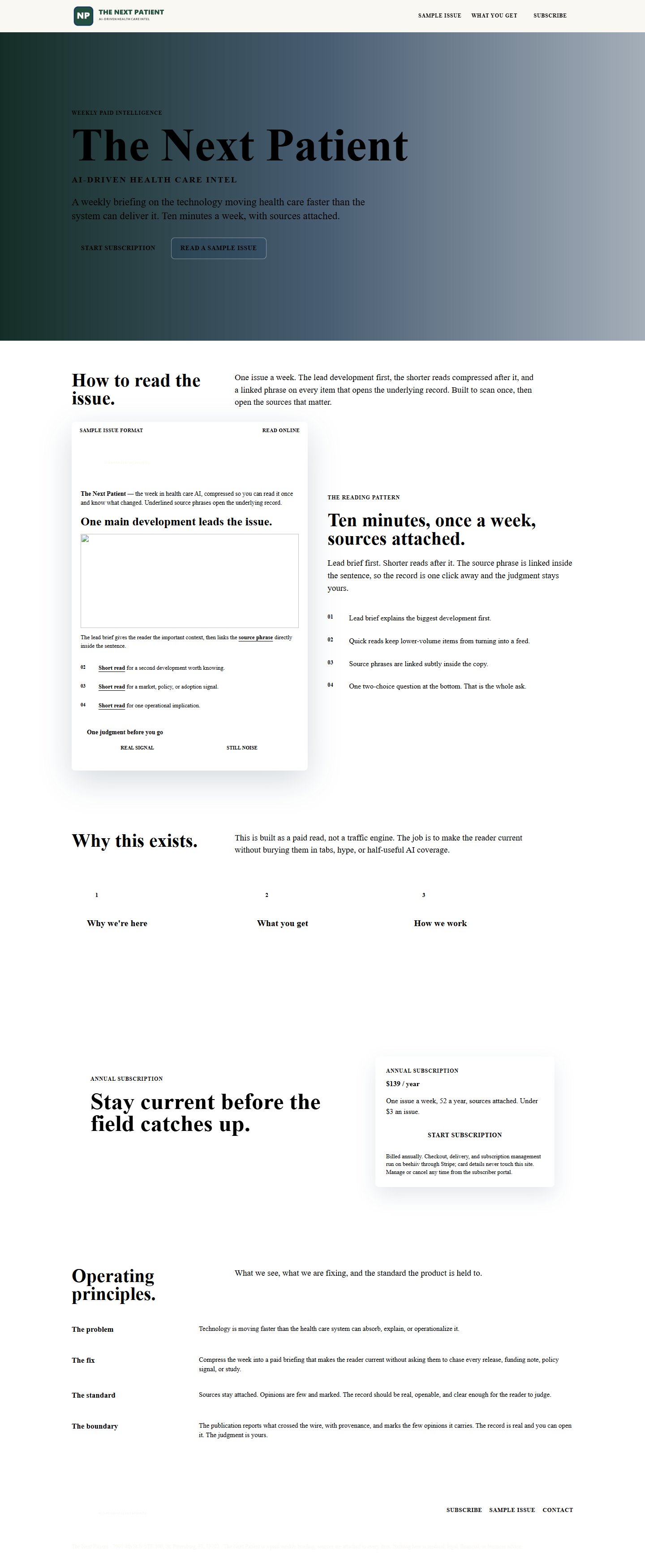 Full rendered preview of the current The Next Patient landing page V3