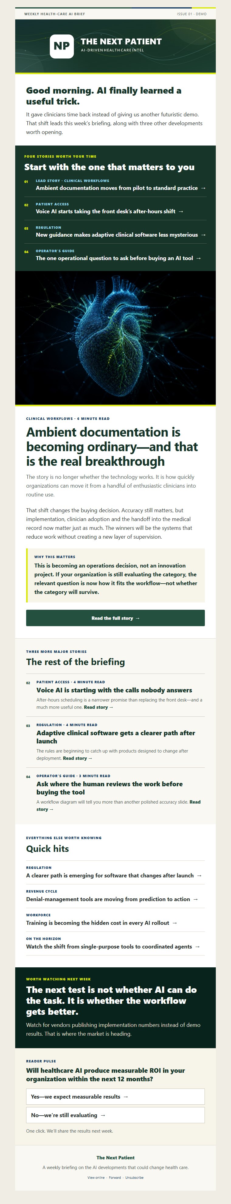 Full rendered preview of The Next Patient V5.6 email product